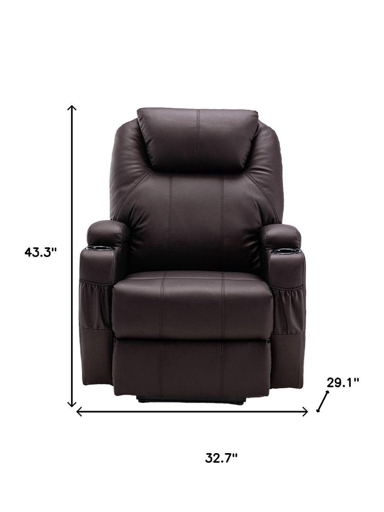 33" Brown Faux Leather Power Heated Massage Lift Assist Recliner