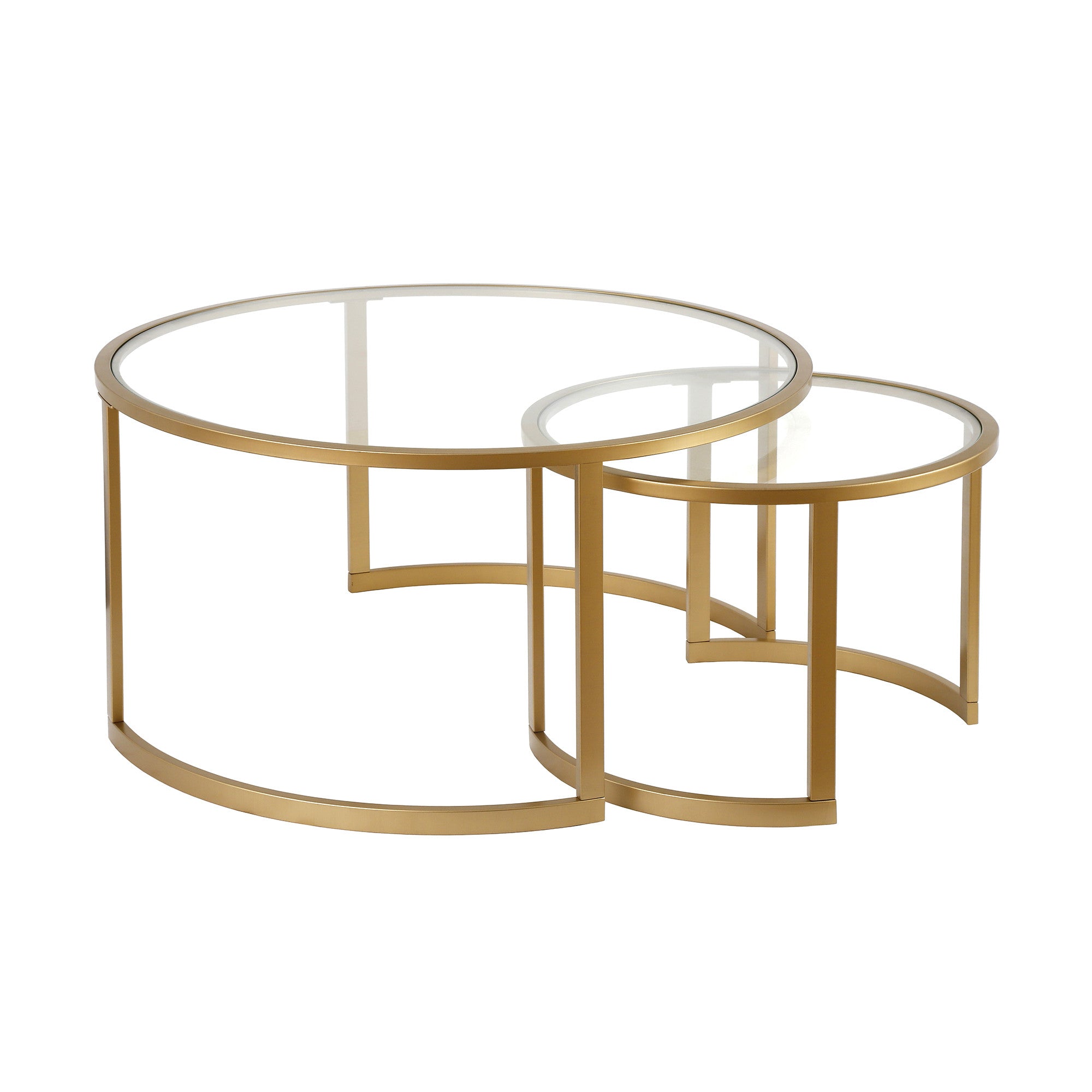 Set of Two 36" Gold Glass And Steel Round Nested Coffee Tables