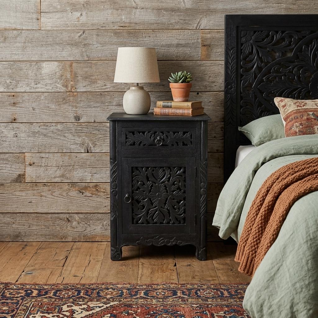 30" Black Solid Wood Distressed One Drawer Nightstand