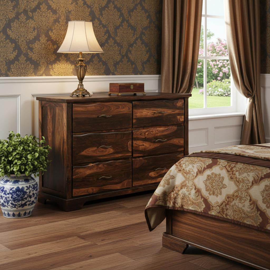 60" Dark Brown Solid Wood Six Drawer Dresser