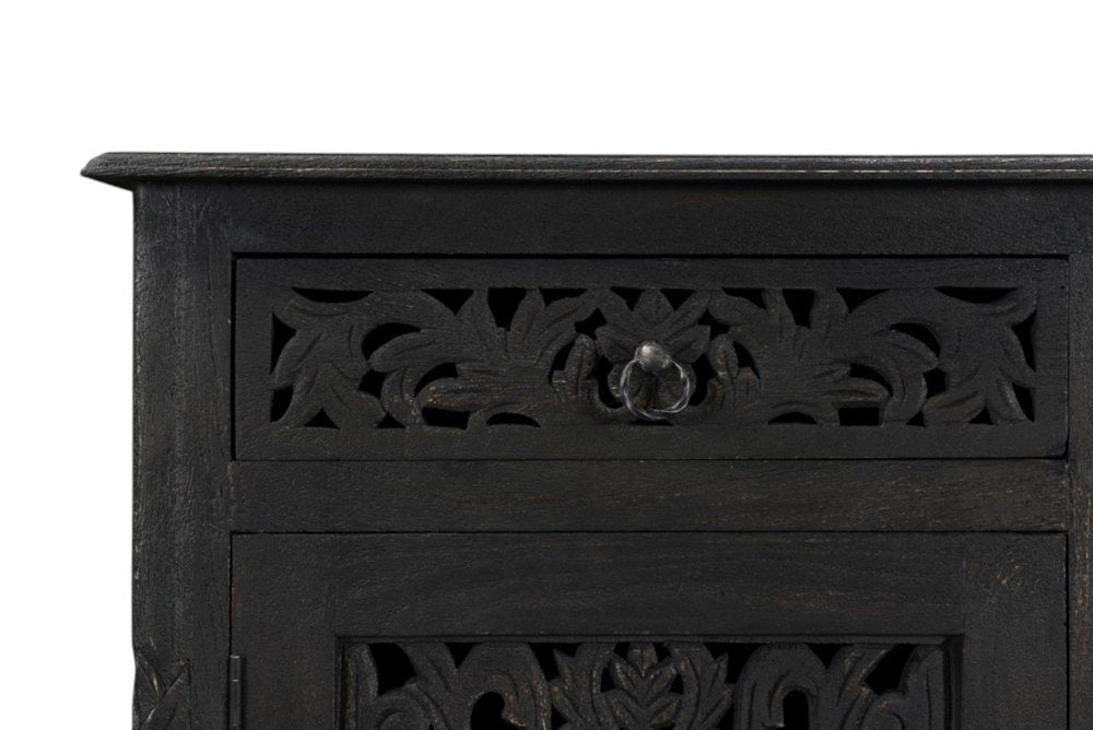 66" Black Distressed Solid Wood Carved Floral Six Drawer Sideboard With Two Doors
