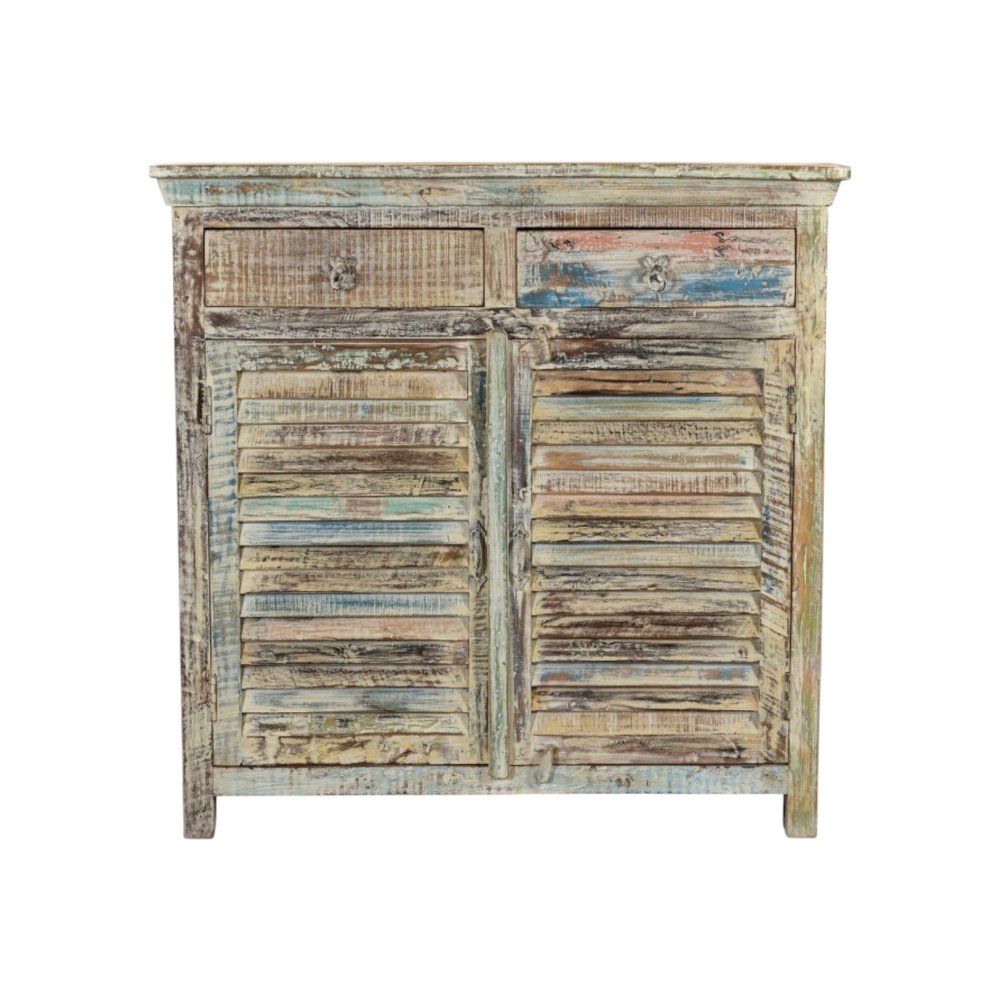44" White Distressed Solid Wood Ribbed Texture Two Drawer Sideboard With Two Doors