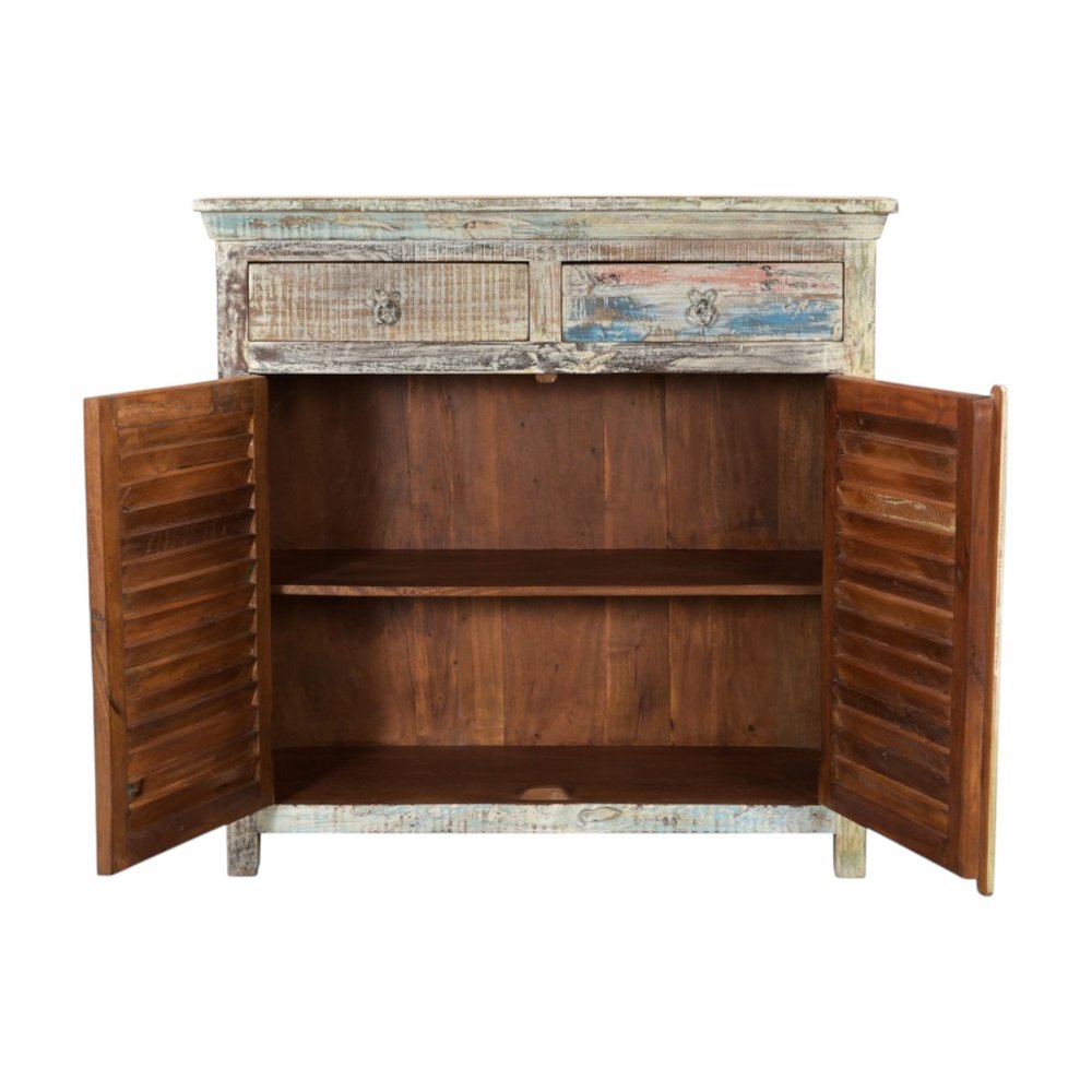 44" White Distressed Solid Wood Ribbed Texture Two Drawer Sideboard With Two Doors