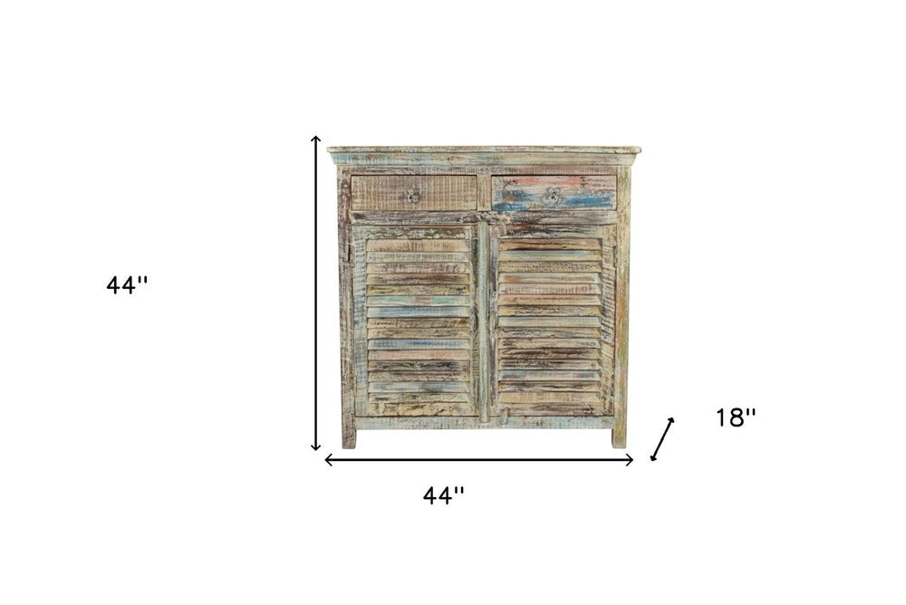 44" White Distressed Solid Wood Ribbed Texture Two Drawer Sideboard With Two Doors