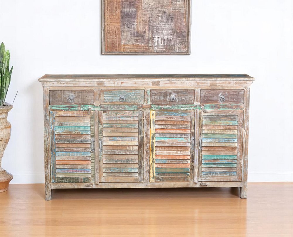 72" Natural And Rainbow Reclaimed Wood Shutter Style Sideboard with Four Doors