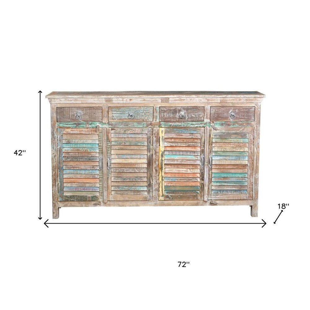 72" Natural And Rainbow Reclaimed Wood Shutter Style Sideboard with Four Doors