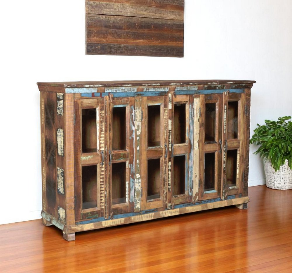 71" Brown Distressed Solid Wood Sideboard with Six Glass Doors