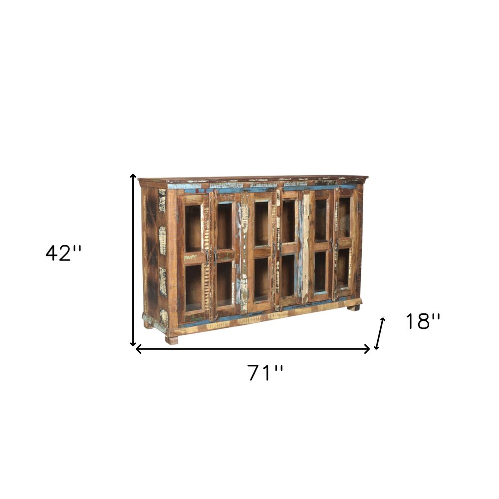 71" Brown Distressed Solid Wood Sideboard with Six Glass Doors
