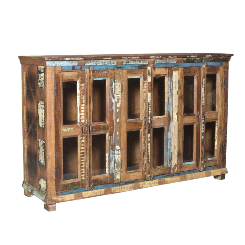 71" Brown Distressed Solid Wood Sideboard with Six Glass Doors