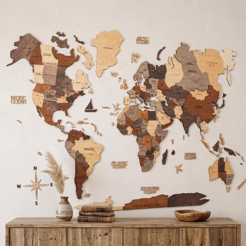 24" X 39" Brown and Beige Wood World Map Hanging Dimensional Sculpture