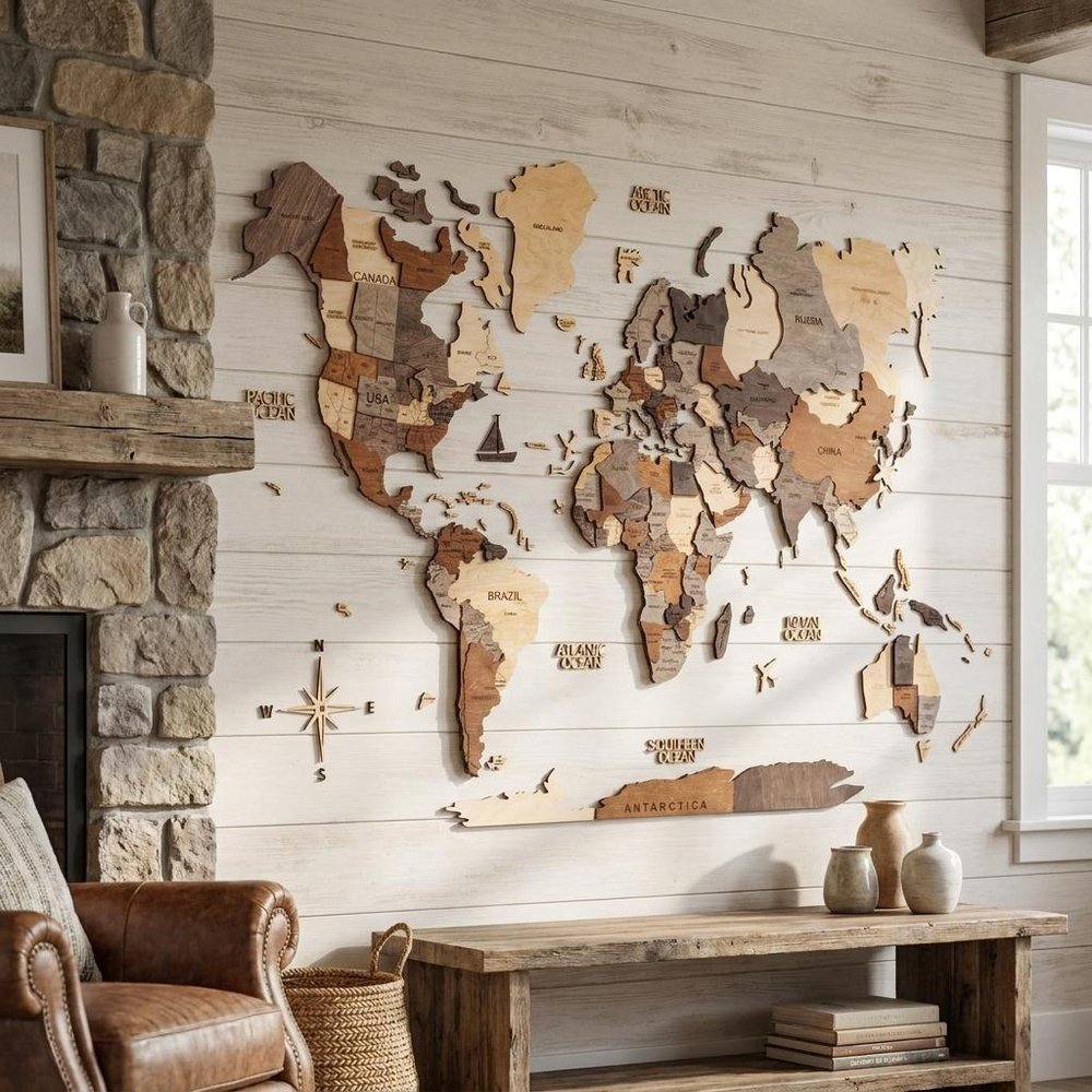 35" X 59" Brown and Beige Wood World Map Hanging Dimensional Sculpture