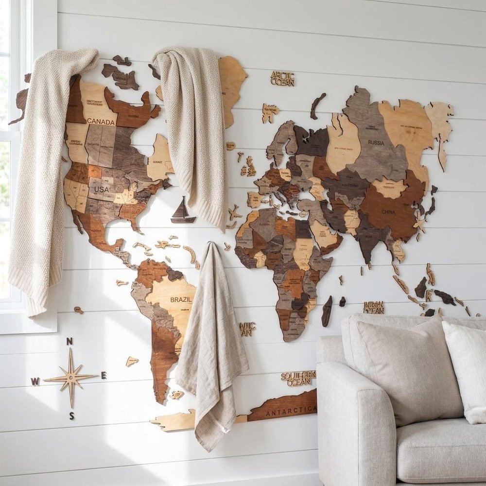 35" X 59" Brown and Beige Wood World Map Hanging Dimensional Sculpture