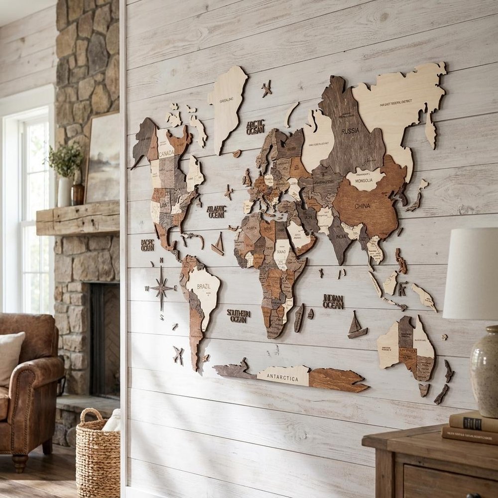 47" X 79" Brown and Beige Wood World Map Hanging Dimensional Sculpture