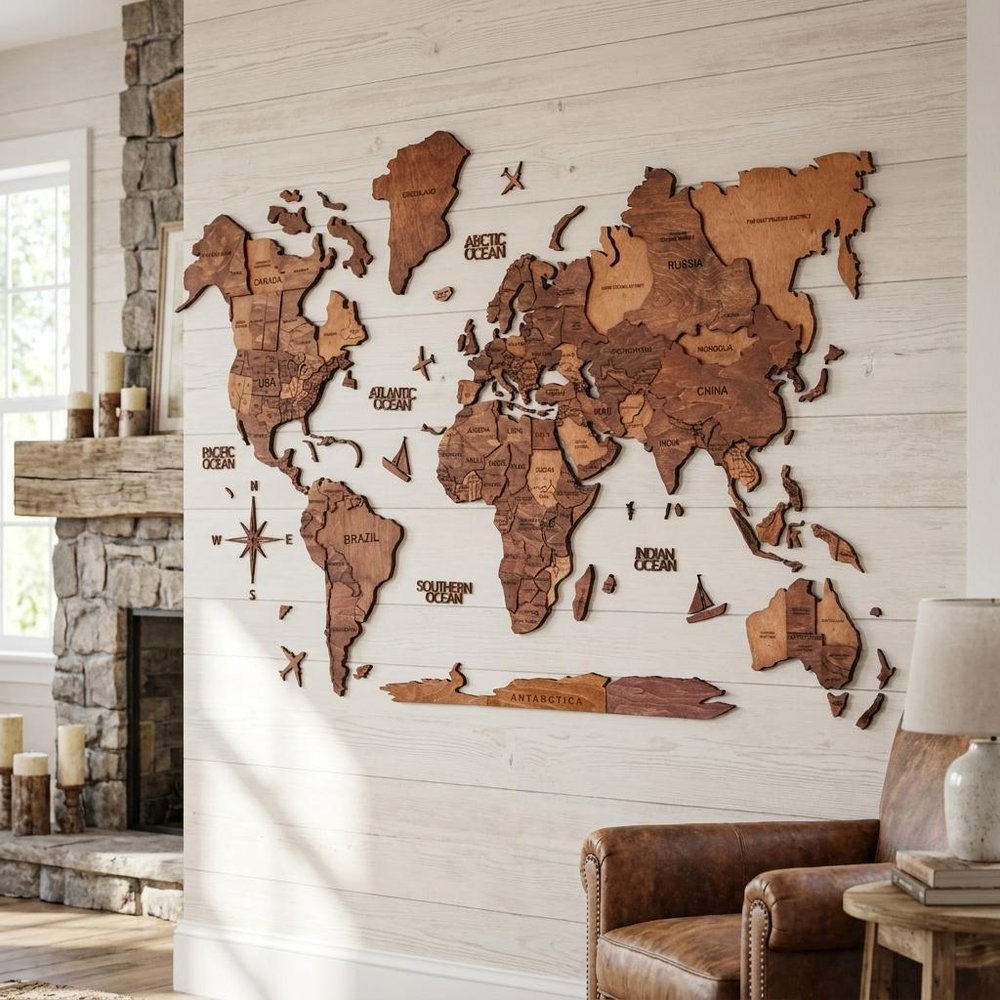 47" X 79" Brown and Tan Wood World Map Hanging Dimensional Sculpture