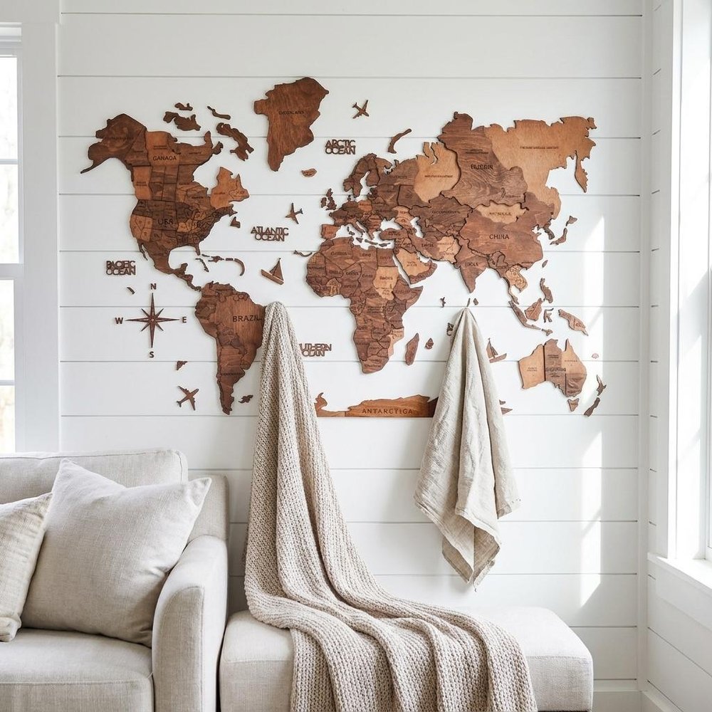 47" X 79" Brown and Tan Wood World Map Hanging Dimensional Sculpture