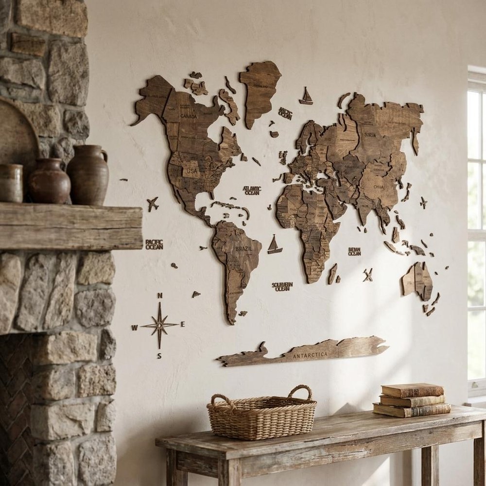 35" X 59" Dark Brown Wood World Map Hanging Dimensional Sculpture