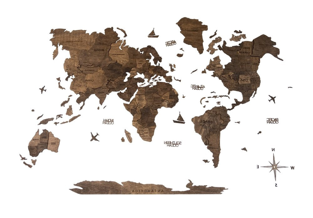 47" X 79" Dark Brown World Map Hanging Dimensional Sculpture