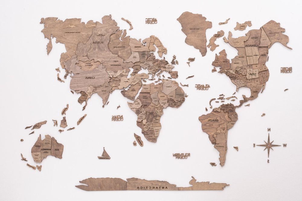 24" X 39" Brown World Map Hanging Dimensional Sculpture