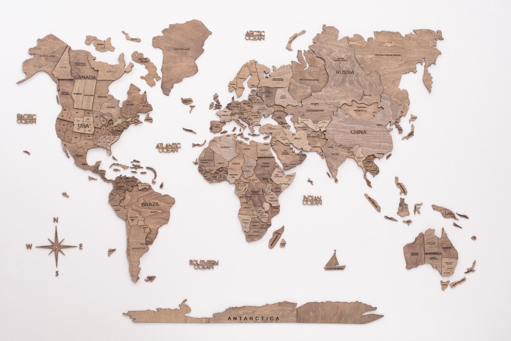 47" X 79" Brown World Map Hanging Dimensional Sculpture
