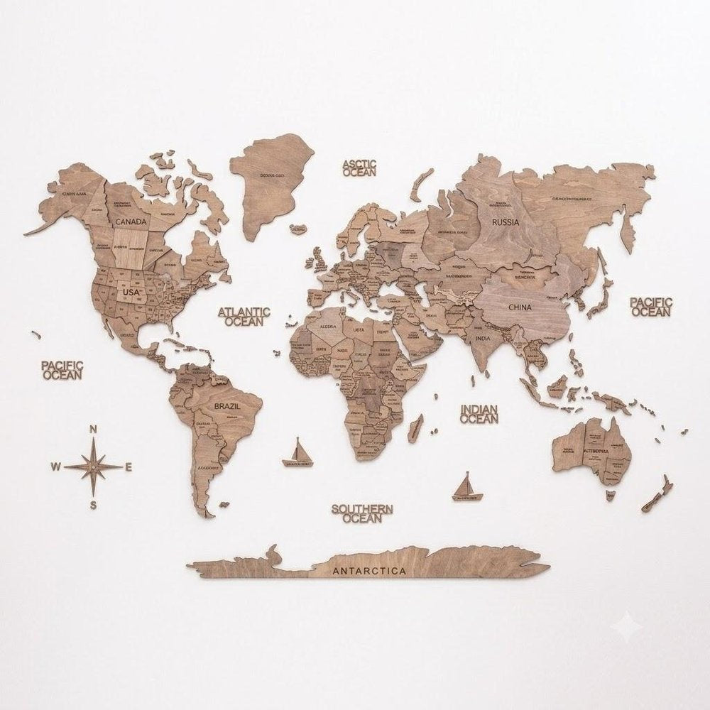 47" X 79" Brown World Map Hanging Dimensional Sculpture