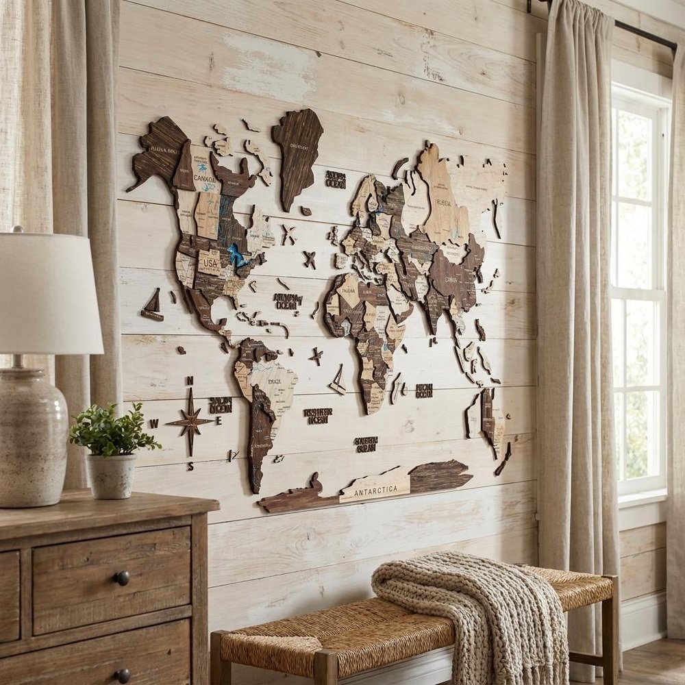 35" X 59" Beige And Brown World Map Hanging Dimensional Sculpture