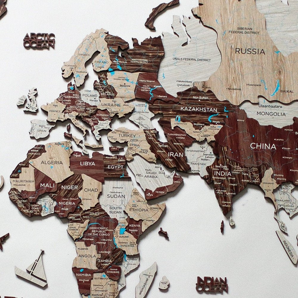 35" X 59" Beige And Brown World Map Hanging Dimensional Sculpture