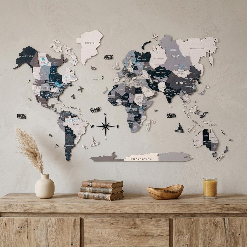 24" X 39" Black Gray and White Wood World Map Hanging Dimensional Sculpture