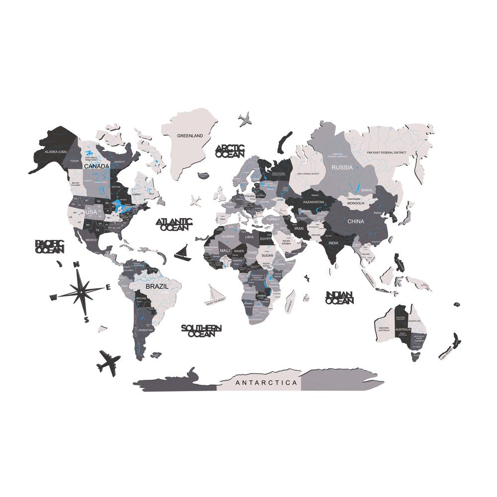 47" X 79" Black Gray And White World Map Wood Hanging Dimensional Sculpture