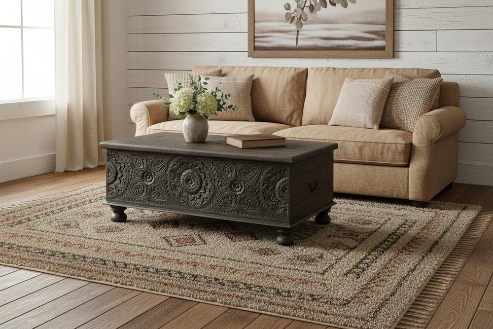 49" Black Solid Wood Distressed Lift Top Coffee Table