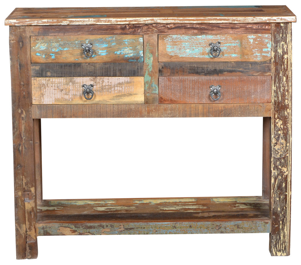 42" Brown Solid Wood Distressed Floor Shelf Console Table With Shelves And Drawers