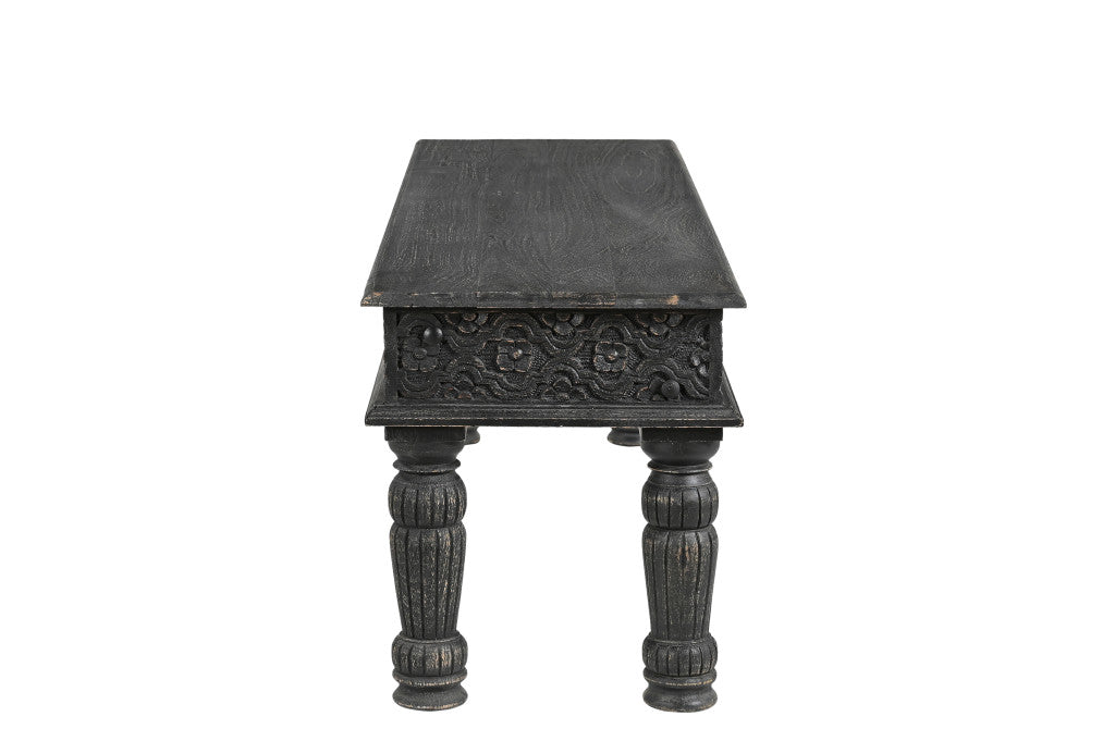 58" Black Distressed and Carved Solid Wood Dining Bench