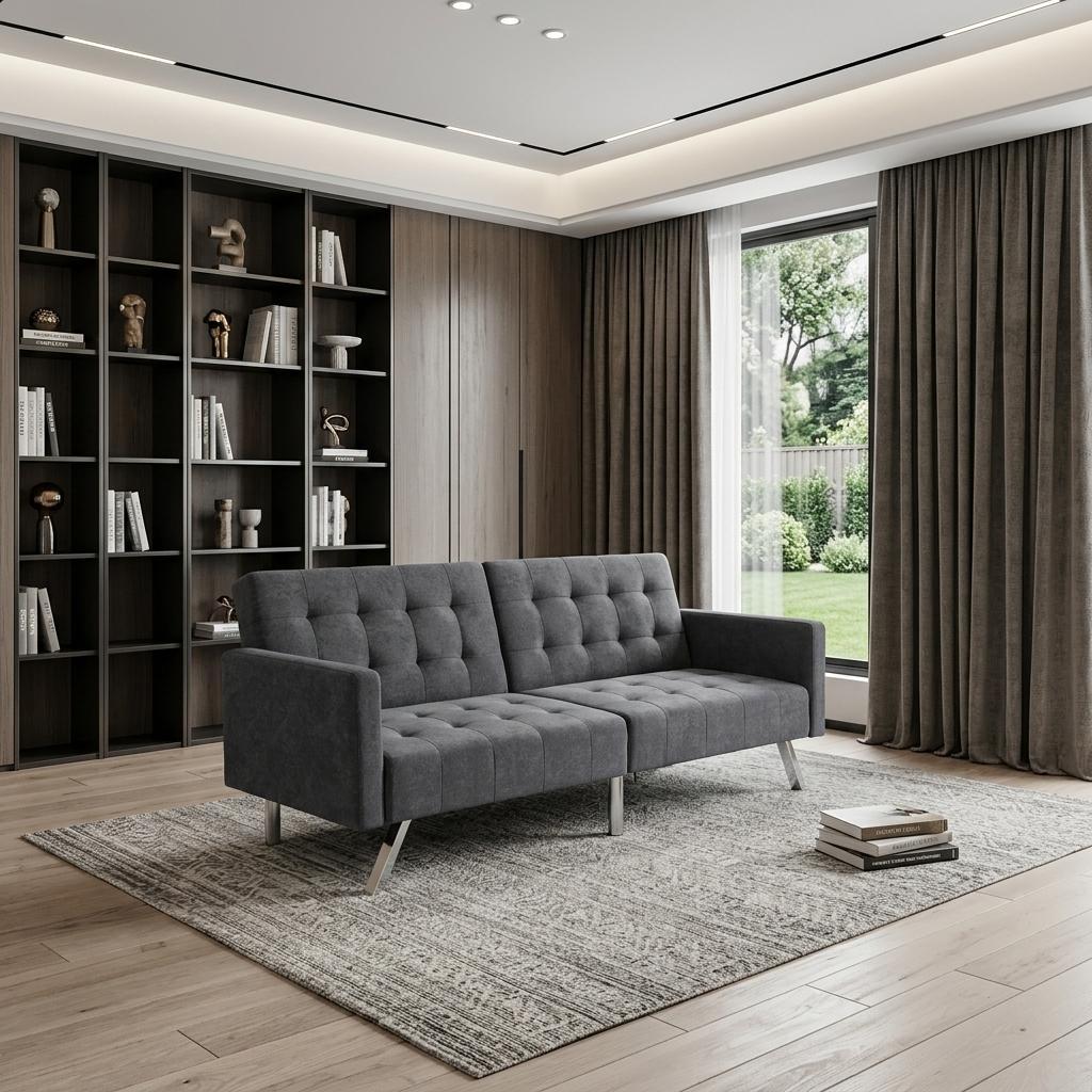 75" Dark Gray Linen Sleeper Sofa With Silver Legs