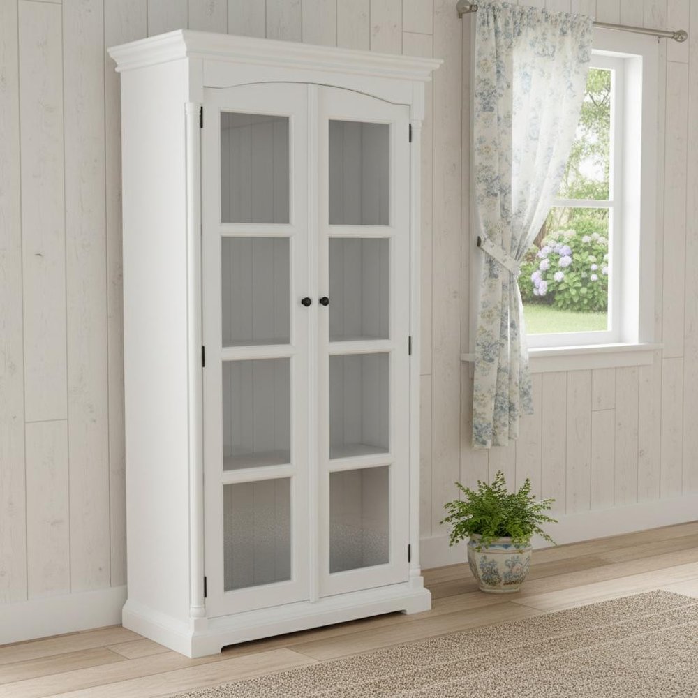 39" Off White Solid Wood Frame Curio Cabinet With Glass Doors