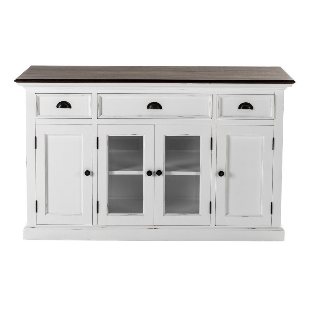 60" White And Black Solid Wood Paneled Three Drawer Buffet Table with Four Glass Doors