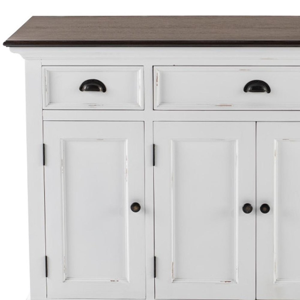 60" Antiqued White And Brown Distressed Solid Wood Three Drawer Buffet Table with Four Glass Doors