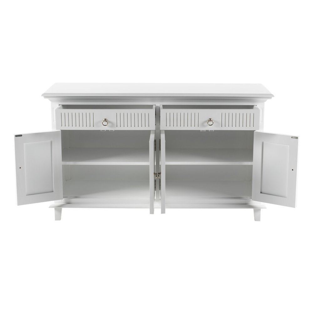 59" White Solid Wood Paneled Two Drawer Buffet Table with Four Doors