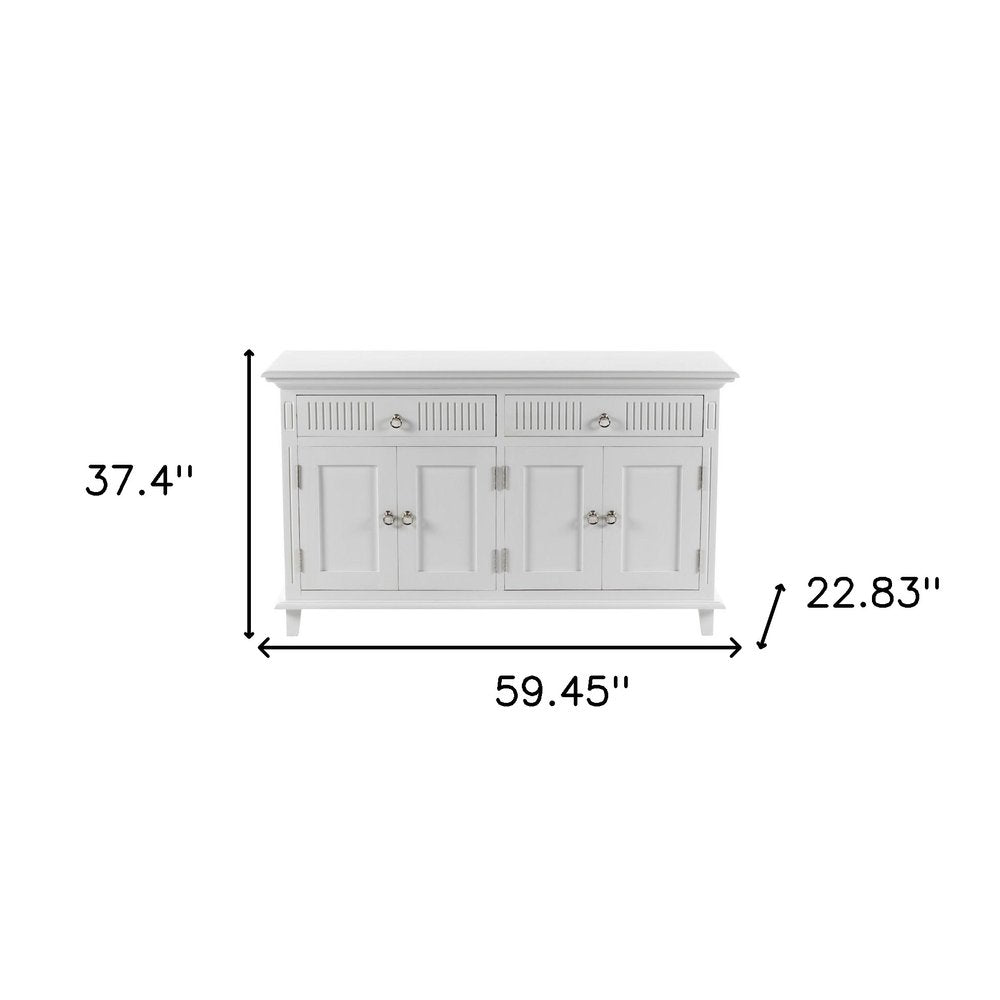 59" White Solid Wood Paneled Two Drawer Buffet Table with Four Doors