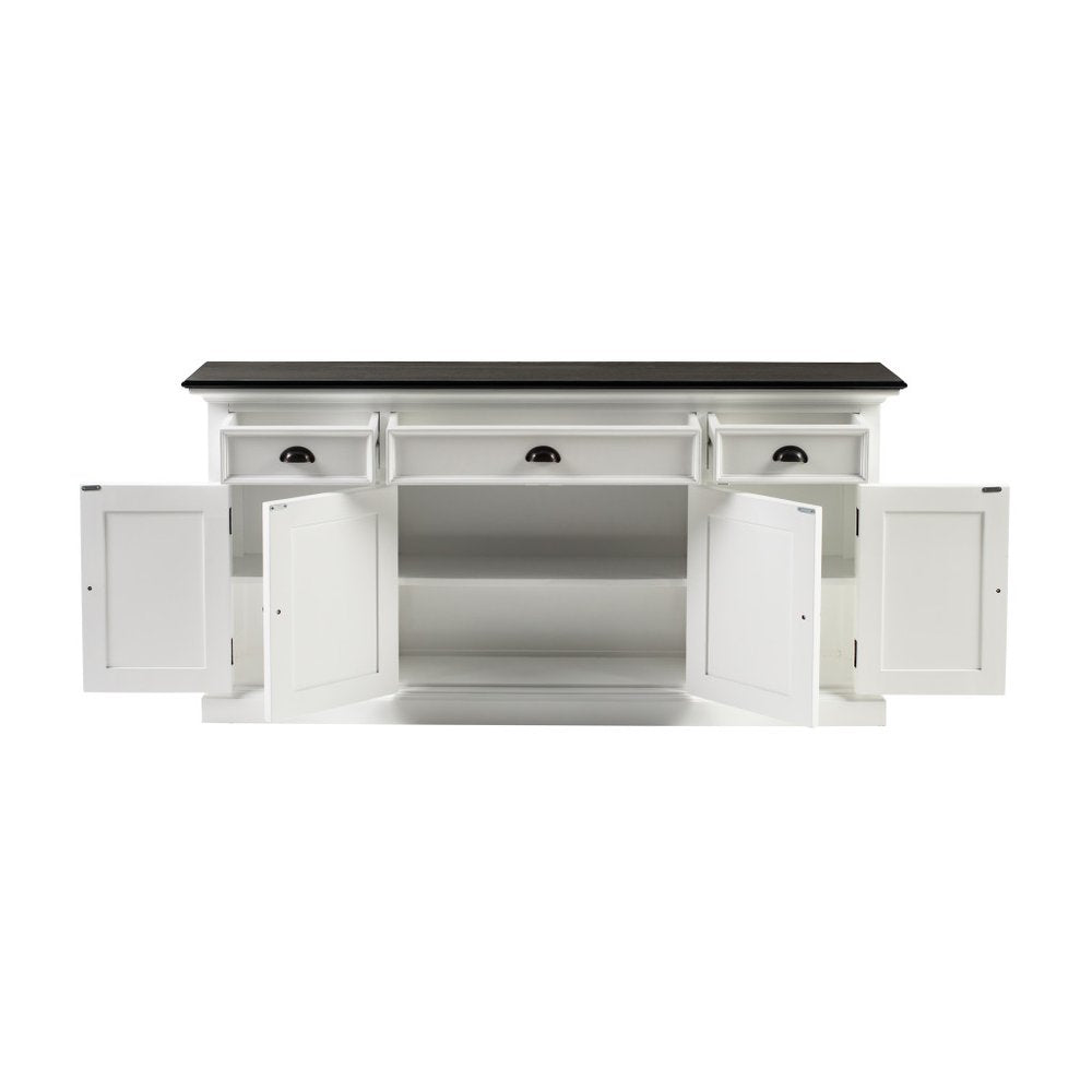 65" Antiqued White Solid Wood Three Drawer Buffet Table with Four Doors