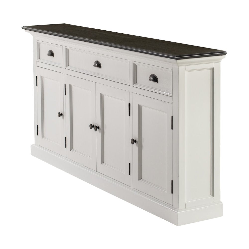 65" Antiqued White Solid Wood Three Drawer Buffet Table with Four Doors