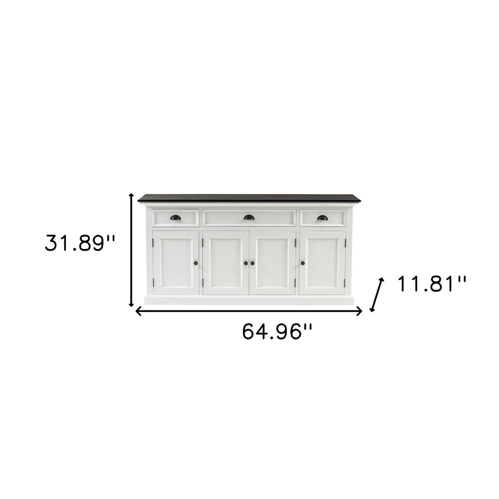 65" Antiqued White Solid Wood Three Drawer Buffet Table with Four Doors