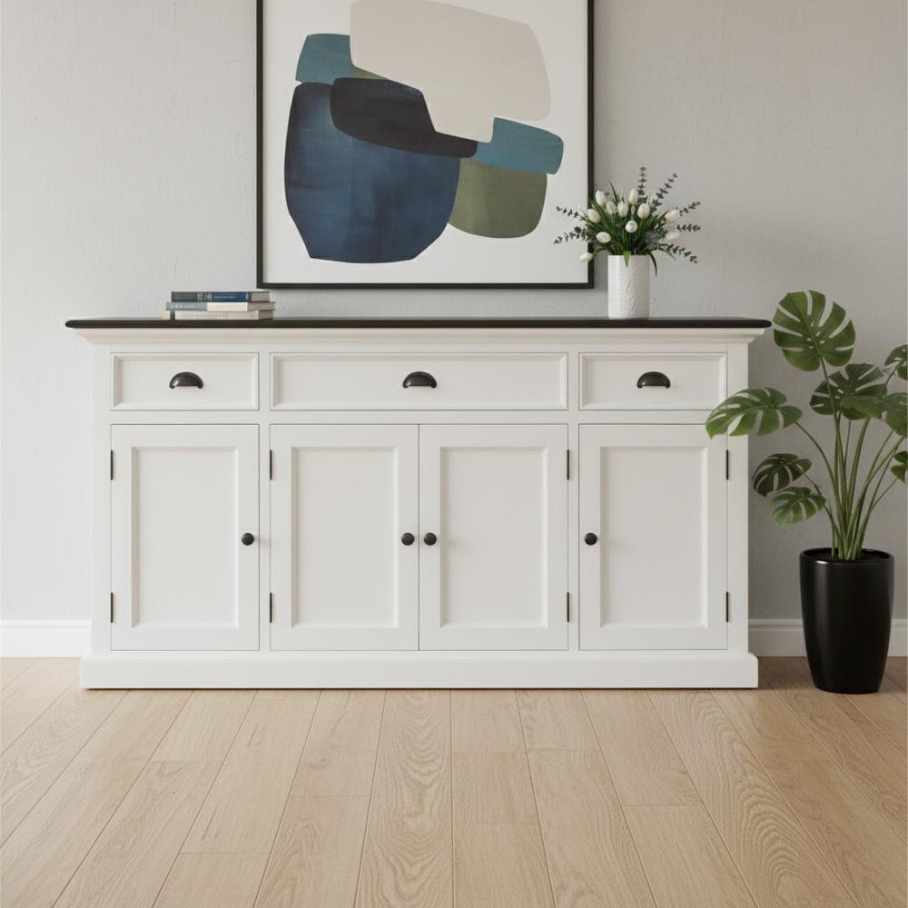 65" Antiqued White Solid Wood Three Drawer Buffet Table with Four Doors