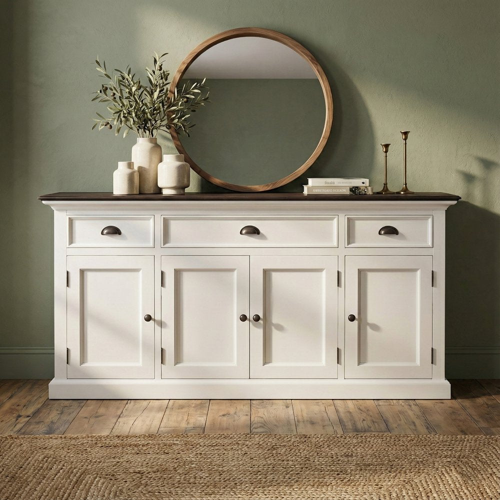 65" Antiqued White Solid Wood Three Drawer Buffet Table with Four Doors