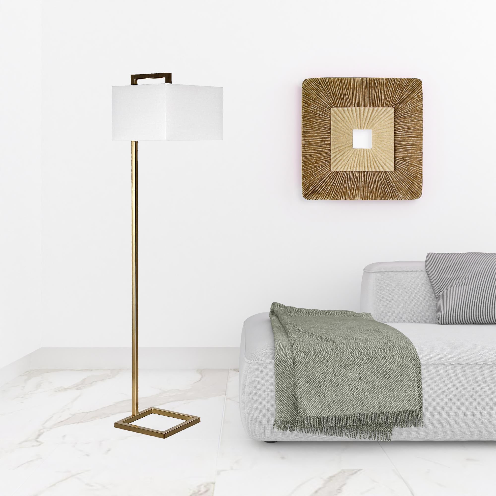 68" Brass Floor Lamp With White Frosted Glass Rectangular Shade