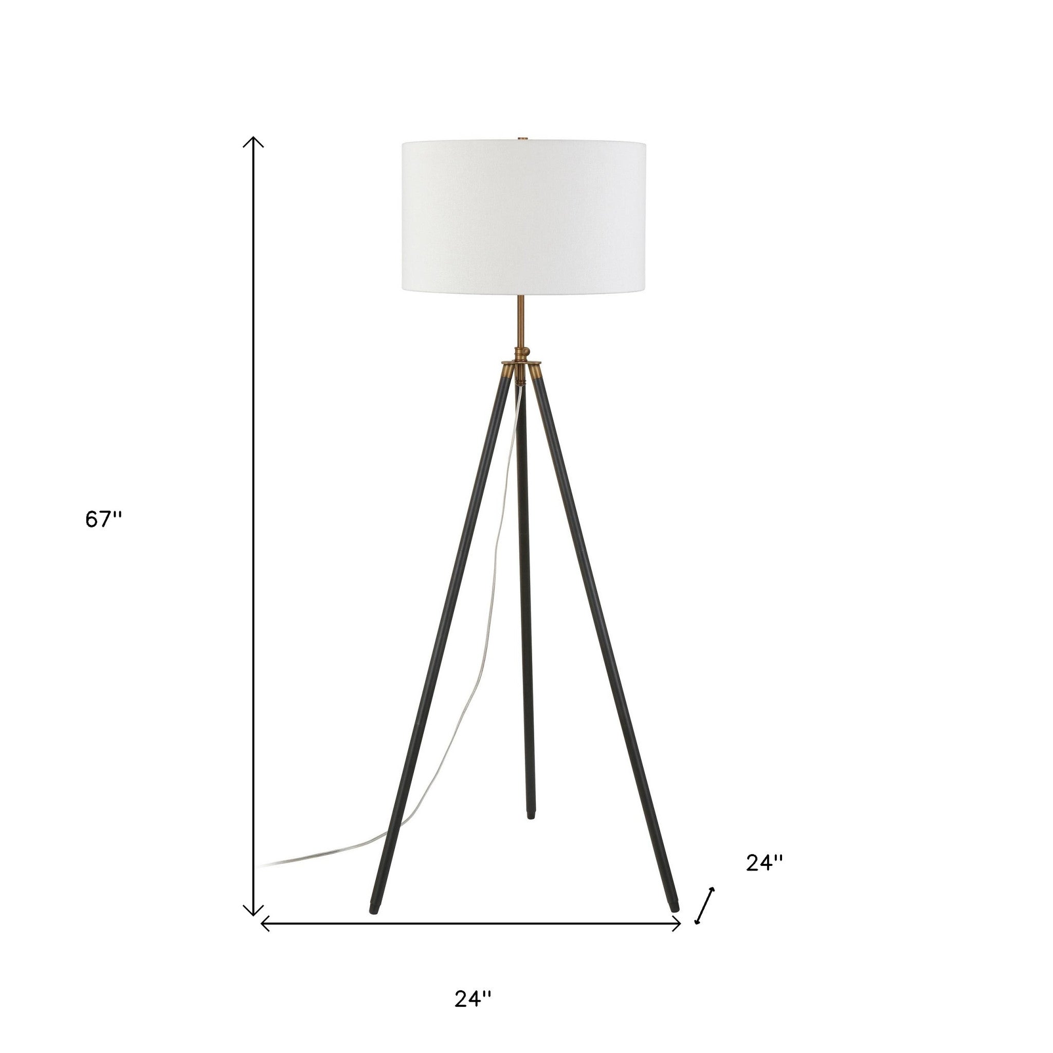 67" Black Tripod Floor Lamp With White Frosted Glass Drum Shade