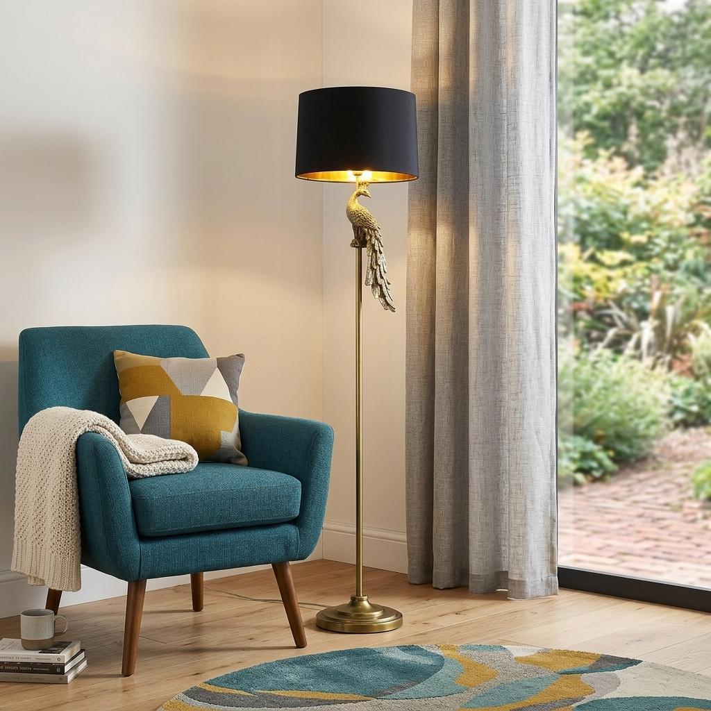 65" Gold And Black Floor Lamp With Black Fabric Drum Shade