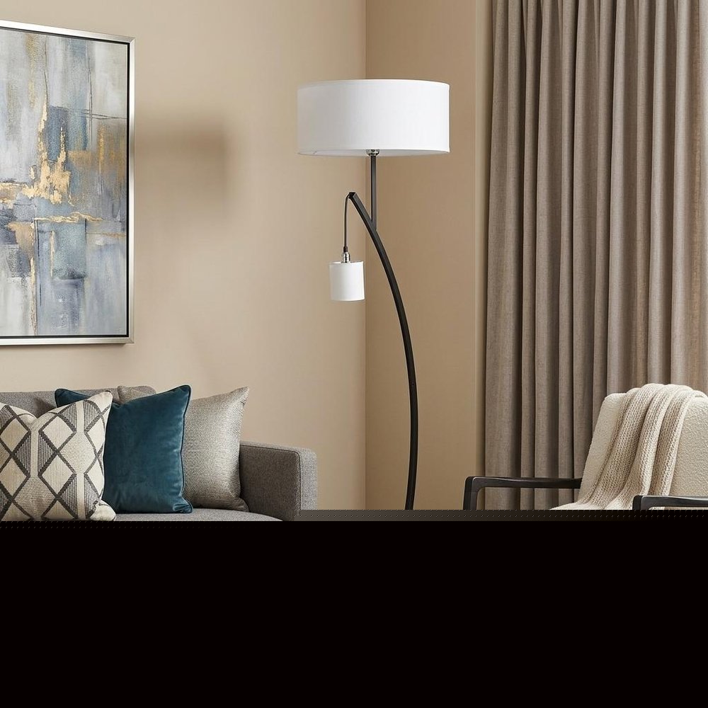 59" Matte Black Dual Arc Floor Lamp With White Drum Shade