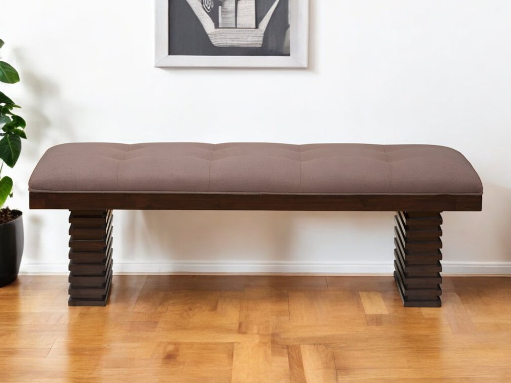 59" Latte and Espresso Linen Blend Upholstered Dining Bench