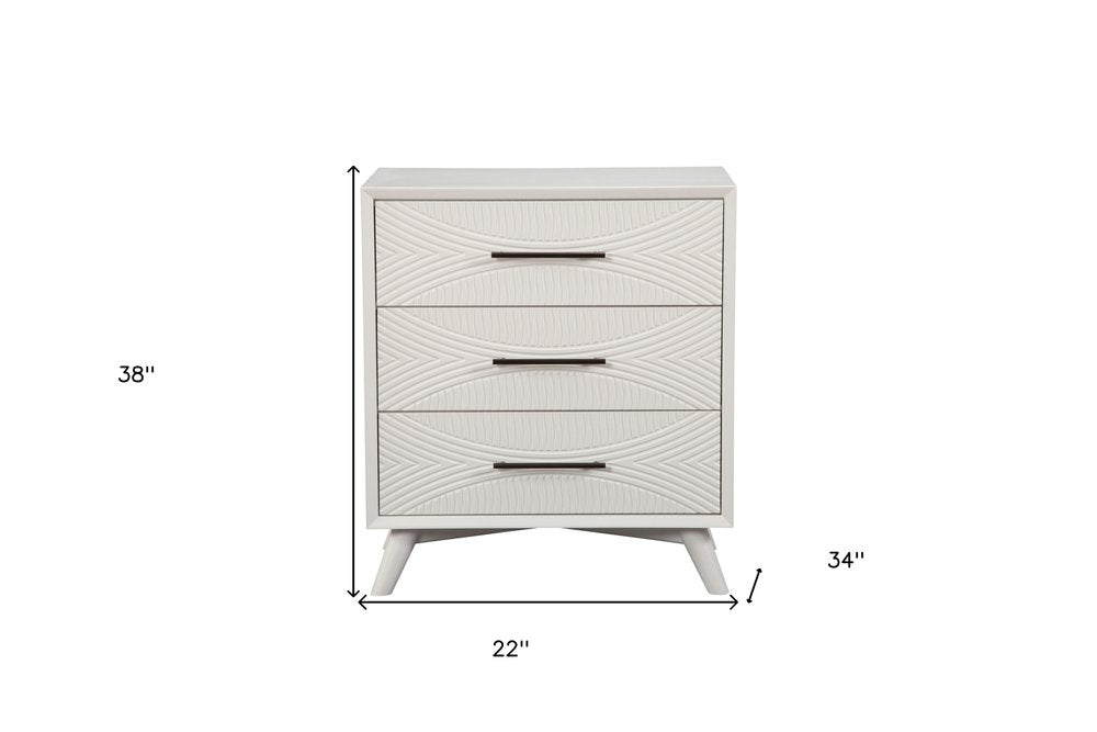 34" White Carved Geometric Solid Wood Three Drawer Dresser