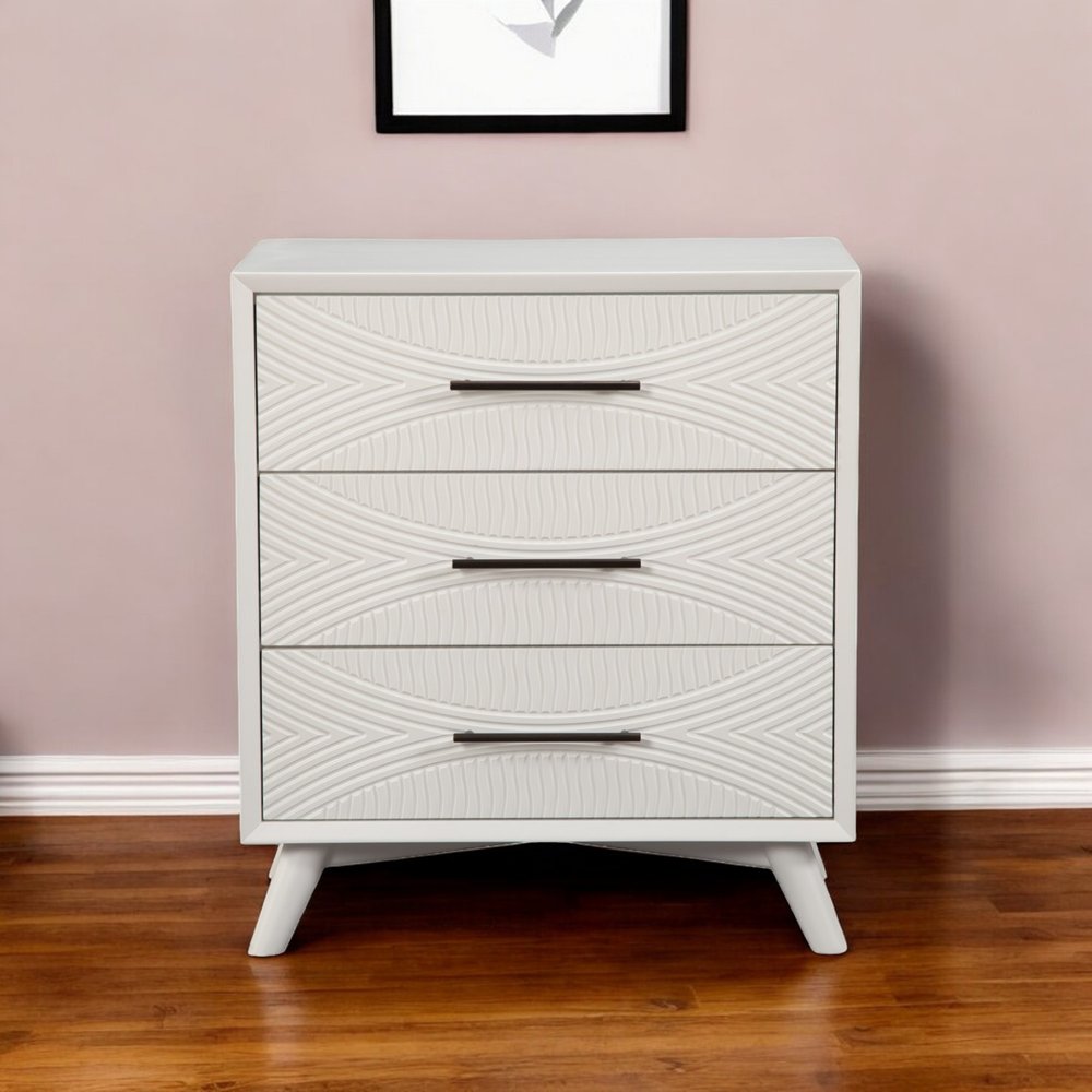 34" White Carved Geometric Solid Wood Three Drawer Dresser