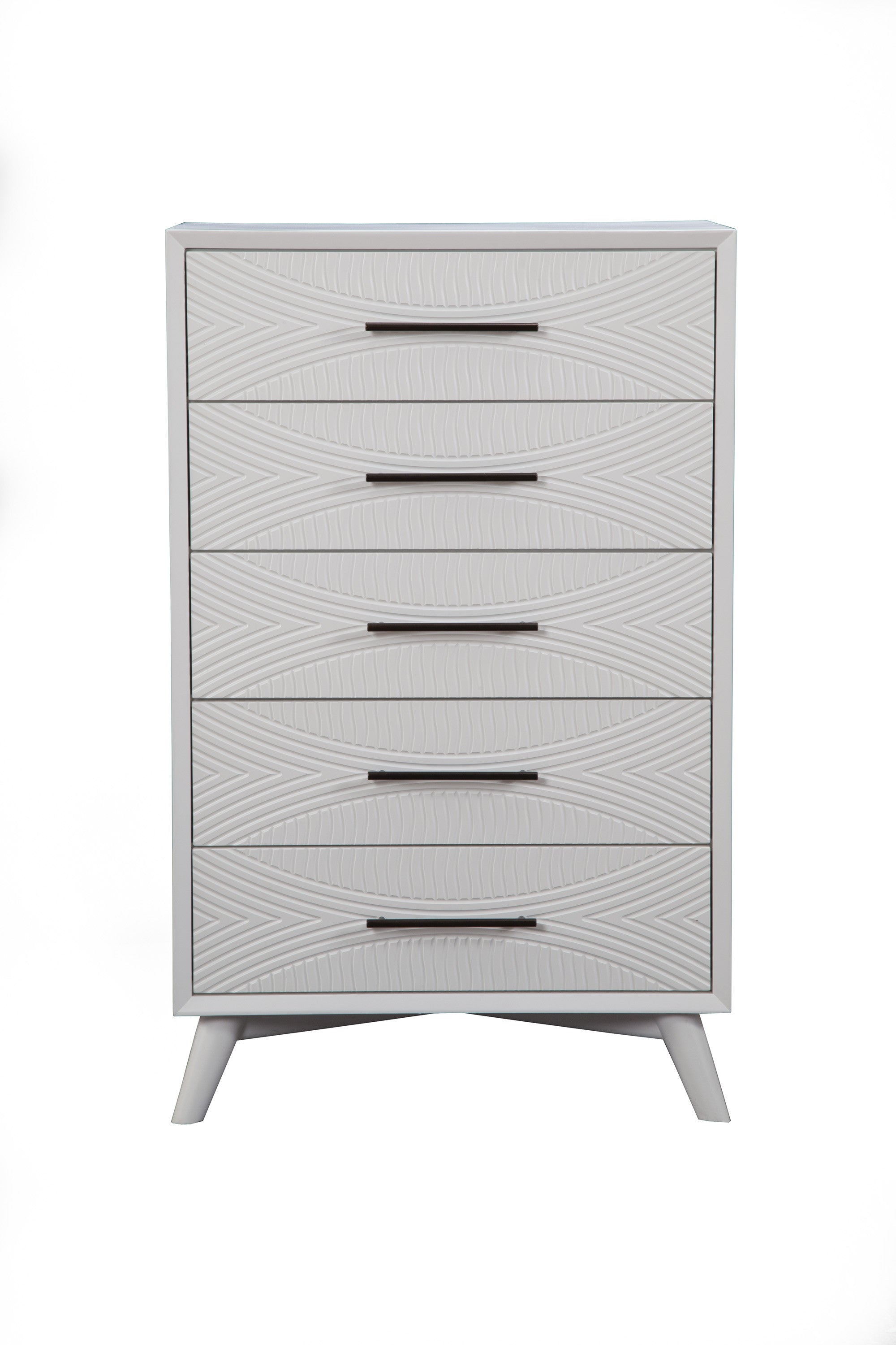 34" White Carved Geometric Solid Wood Five Drawer Dresser